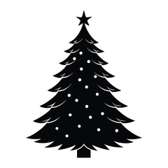 A Classic Black and White Silhouette of a Decorated Christmas Tree with a Star on Top, Perfect for Holiday Decorations  Designs.
