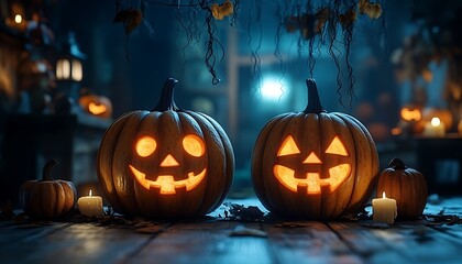 Two glowing jack o lanterns on a wooden surface with candles halloween pumpkin