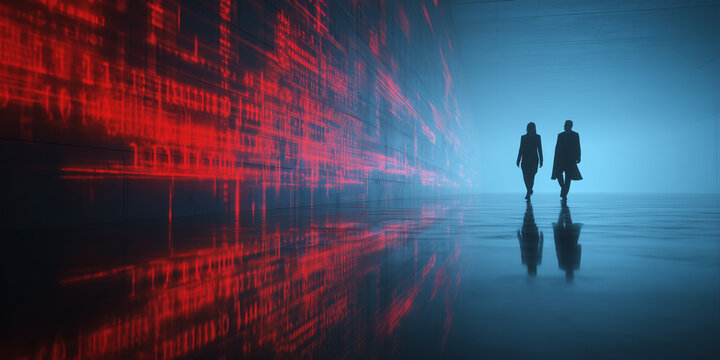 Two people walking by futuristic digital wall with red glowing code