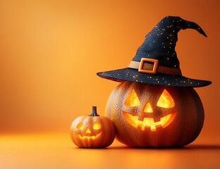 Two glowing jack o lanterns one wearing a witch hat on orange background halloween pumpkin
