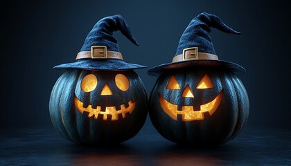 Two glowing Jack O Lanterns wearing witch hats against dark background halloween pumpkin
