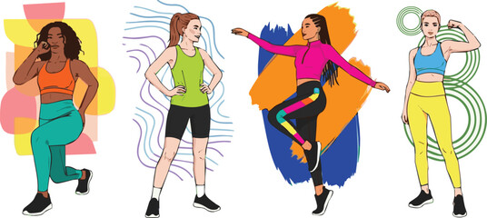 Create a The wide image displays four diverse women in vibrant sportswear against colorful backgrounds, each striking a confident pose that highlights the athletic fashion style.. vector art .