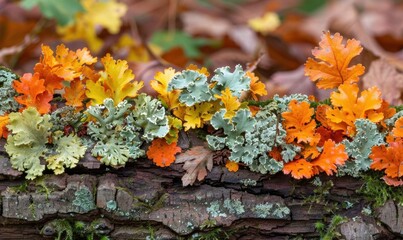 Colorful foliose lichen growth on decaying wood surface in autumnal colors
