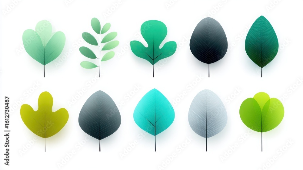Poster a set of leafy trees with different shapes and sizes