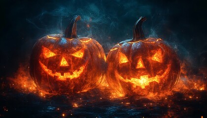 Two glowing jack o lanterns with fiery orange light and smoke on dark background halloween