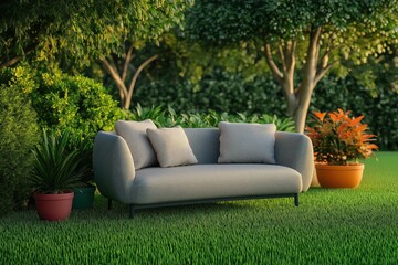 A stylish gray sofa and colorful potted plants, with a backdrop of softly swaying trees, make up this comfortable outdoor seating arrangement on a grassy field.