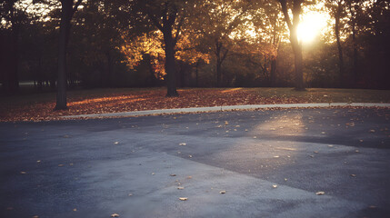 Autumnal Sunlight Through Trees Casting Shadows on Asphalt Road