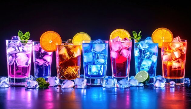 Vibrant cocktails with ice and citrus garnish under neon lights on a reflective surface