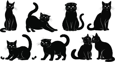 Create a kinds of cute cat vector art silhouette with white background.