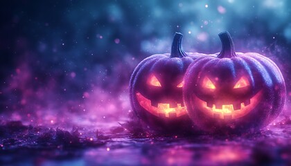 Two glowing purple jack o lanterns with carved faces in a mystical foggy night halloween