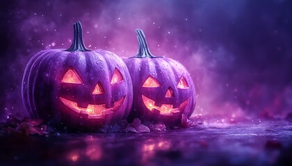 Two glowing purple jack o lanterns with carved faces in a dark mystical setting halloween