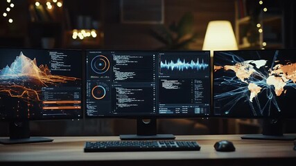 Three Black Computer Screens Showing Data Visualization World Map on Wooden Desk with Keyboard and Mouse in Dimly Lit - Powered by Adobe