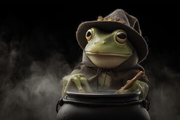 Frog in a witch hat and cloak stirring a cauldron with smoke rising in a dark Halloween night.