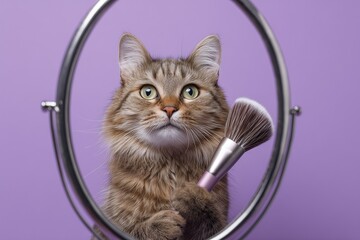 Brown cat holding a makeup brush looking in the mirror on purple background.