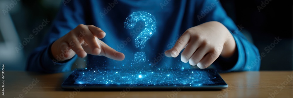 Poster virtual ai assistant interacts with a child asking questions on a digital tablet in a clean, modern 