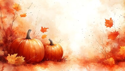Two orange pumpkins and falling autumn leaves in watercolor style harvest