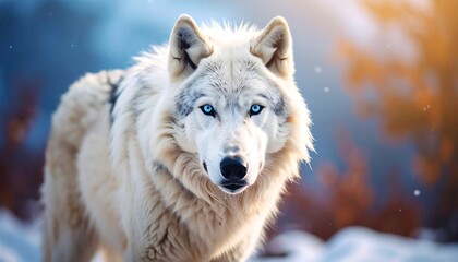 Obraz premium Majestic white wolf with striking blue eyes stares intently, snow-covered ground in the background