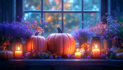 Two orange pumpkins with glowing candles and purple flowers by a window autumn fall