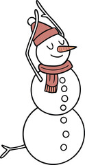 Cute Christmas snowman with a red scarf and hat stands with a broom in a snowy winter wonderland