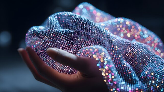 Close-up view of a shimmering, iridescent fabric held in a hand.