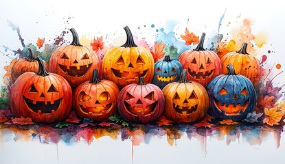 Watercolor Halloween jack o lanterns with autumn leaves and splashes pumpkin fall