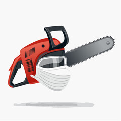 Naklejka premium Intense chainsaw-inspired mask with jagged teeth and motor details, crafted as a half-mask for maximum impact, suited for horror costumes, cosplay, and adrenaline-pumping events. 