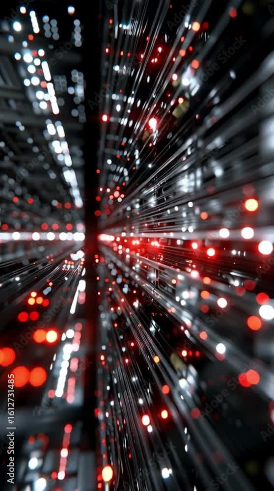 Poster edge computing. a dynamic close-up view of data cables or fiber optics with glowing red and white li