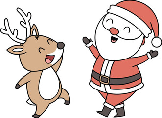 Cartoon Christmas illustration of a smiling Santa Claus and his reindeer with a festive holiday winter gift