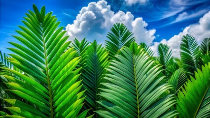 Vibrant Green Palm Fronds Against a Sunny Blue Sky with Fluffy White Clouds: Tropical Summer Background