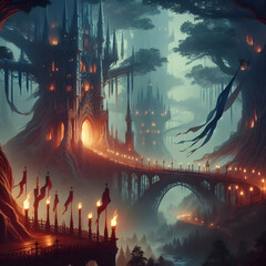 Ancient tree growing through a ruined castle tower, vines glowing softly in twilight, moon and stars abov