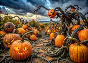 Spooky jack o lanterns illuminate a haunted pumpkin patch under a dramatic stormy sky