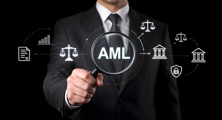 AML, Anti-Money Laundering Compliance and Financial Monitoring Concept. Businessman holding magnifying glass with AML icon, representing finance, regulations, and anti money laundering compliance.