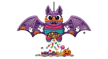 Naklejka premium Cartoon halloween bat piñata with candy spilling out on a white background illustration style