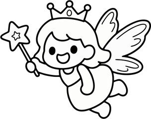 Smiling Fairy Girl with Crown and Wings – Black and White Coloring Page