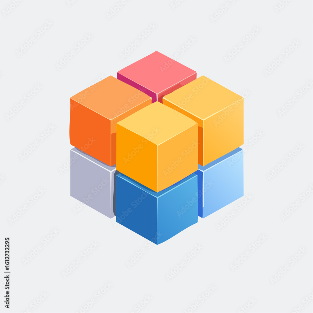 Poster dynamic abstract 3d tight compositions of cubes and squares with geometric precision, suitable for i