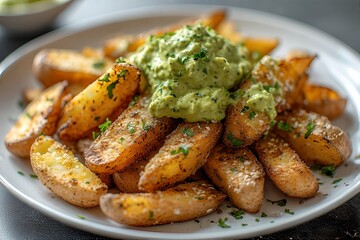 crispy potato wedges on a plate with guacamole on top