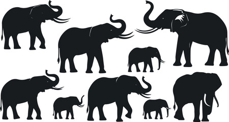 Create a kinds of deferent elephant vector art  silhouette with white background..