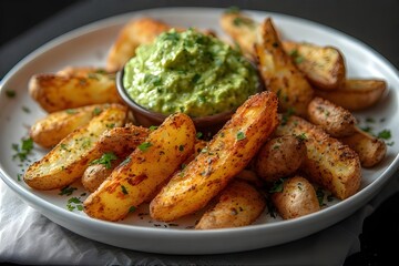 crispy potato wedges on a plate with guacamole on top