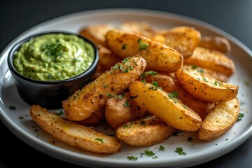 crispy potato wedges on a plate with guacamole on top