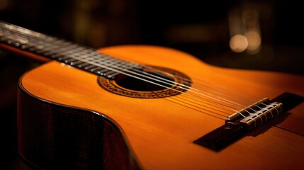 Fototapeta premium An acoustic guitar highlights its detailed craftsmanship and rich wood tones, set against a softly illuminated background that enhances its beauty.