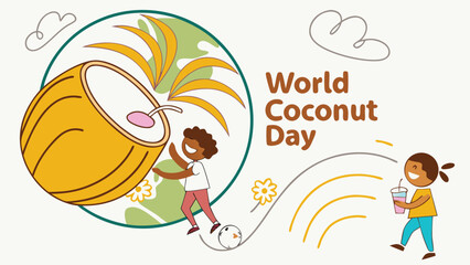 World Coconut Day Vector Illustration with Palm Tree, Beach and Fresh Coconuts