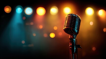 A vintage microphone stands prominently on stage, illuminated by vibrant colored lights. The setup suggests an upcoming live music performance bringing an exciting atmosphere.