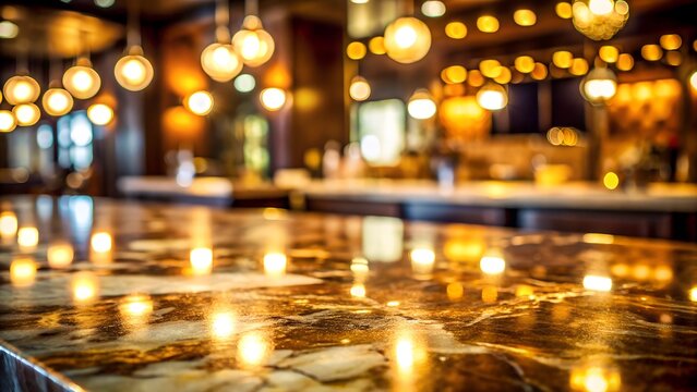 Warm, Luxurious Bar Countertop: Golden Marble Texture with Soft Bokeh Lighting