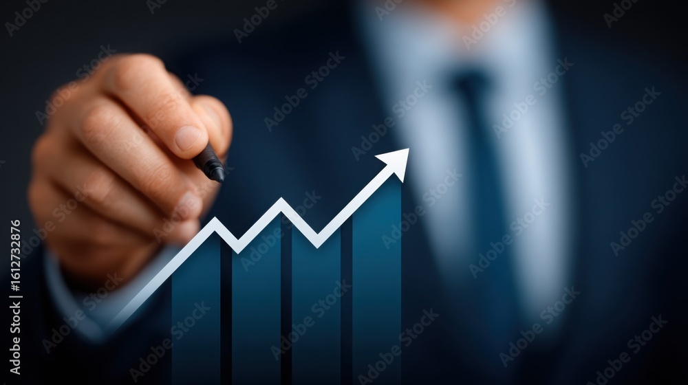 Poster a man is drawing a graph with a line that is pointing upwards