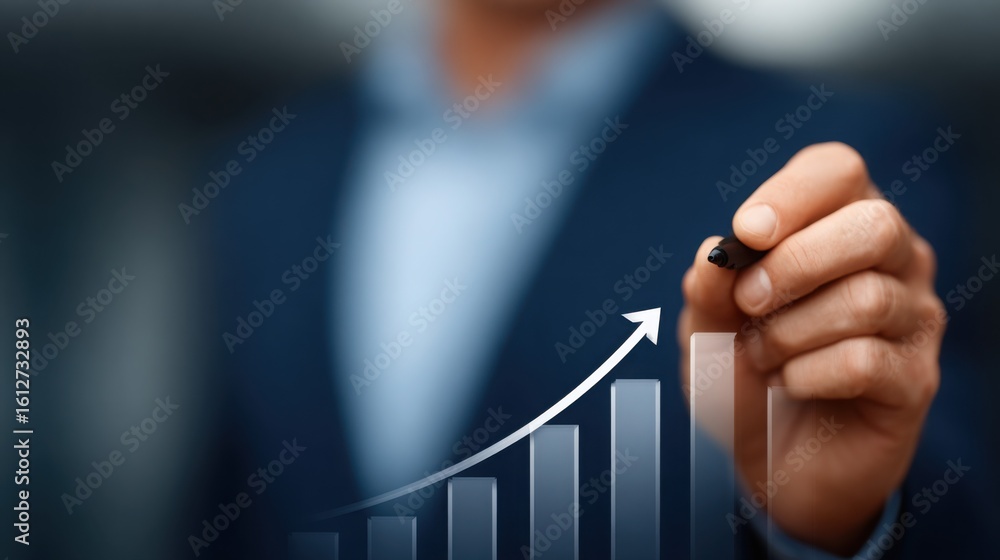 Poster a man in a suit is drawing a graph with a line that is pointing upwards