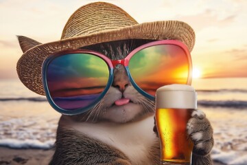 A funny cat wearing large, colorful sunglasses and a straw summer hat, holding a glass of beer, with a beach sunset and gentle waves in the background.