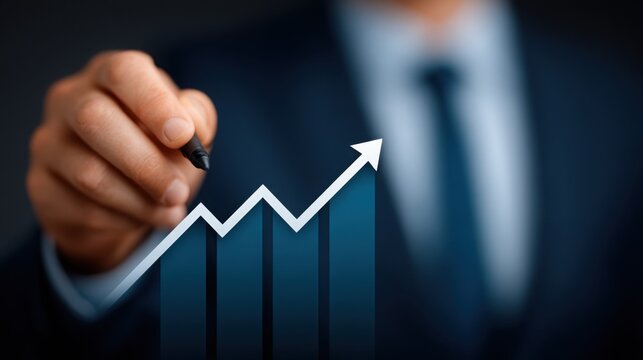 A man is drawing a graph with a line that is pointing upwards