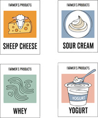 Create a kinds of deferent Sheep cheese, sour cream, whey, yogurt. Farmer's products. A set of vector labels in a modern, minimalist style. Geometric icons and elements. vector art ,