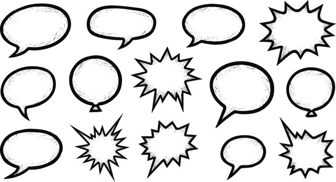 Create a kinds of deferent Set of crayon drawn black speech bubbles, talk balloons with pencil texture. Hand drawn vector explosion balloons. vector art with white background.