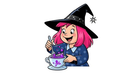 Cartoon witch stirring potion in a teacup with a spoon wearing a hat and blue dress with pink hair